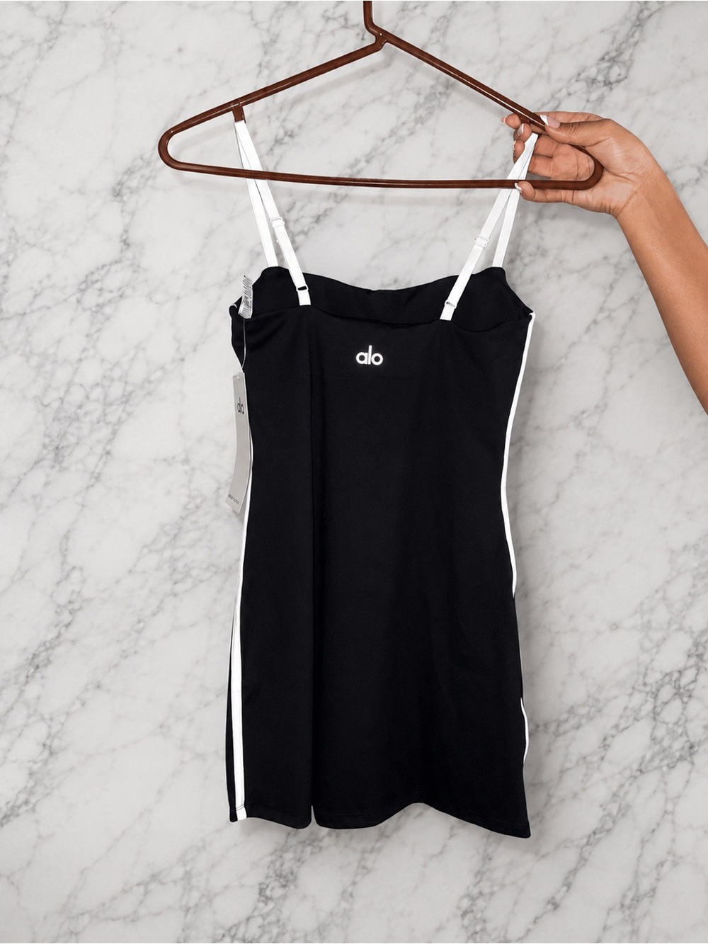 Black Alo Mini Dress with White Piping and Straps size small - Picture 2 of 3
